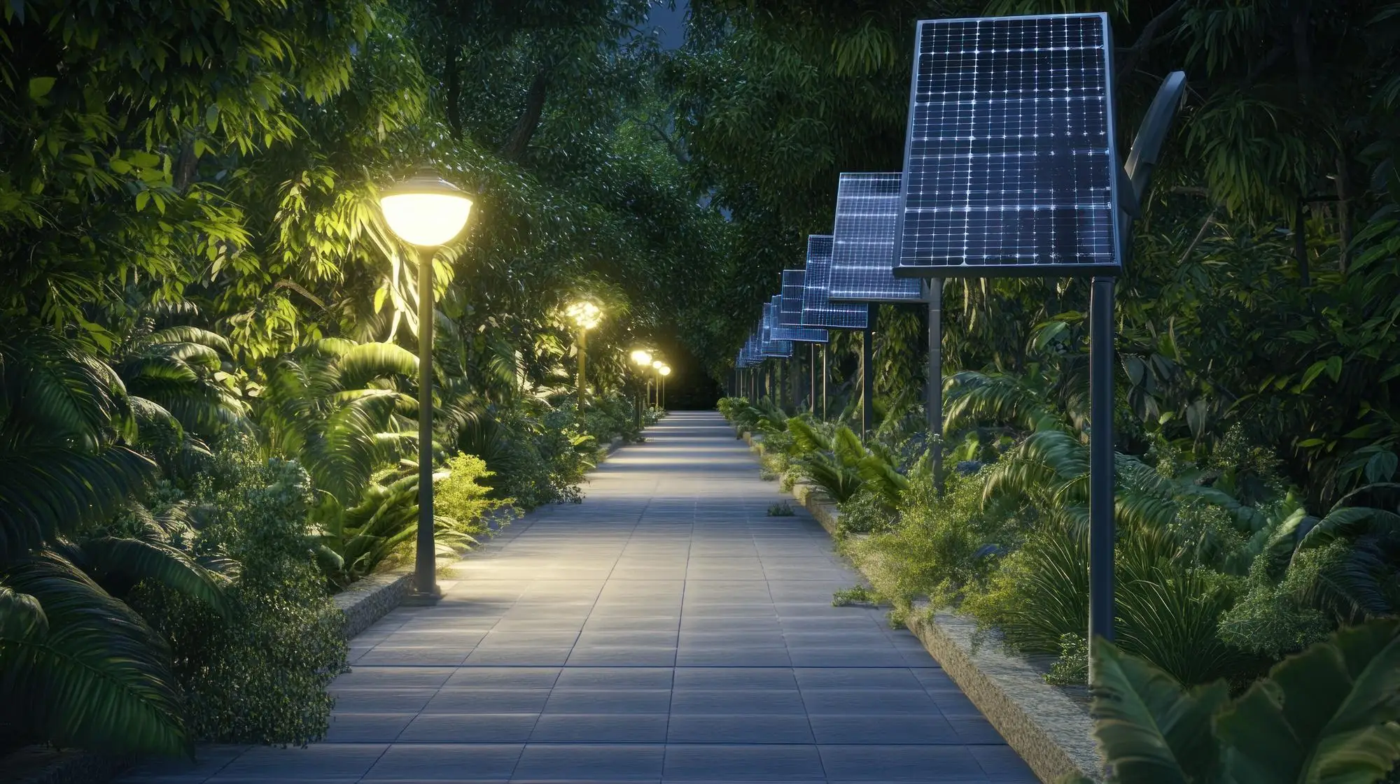 Solar street lights illuminated at night